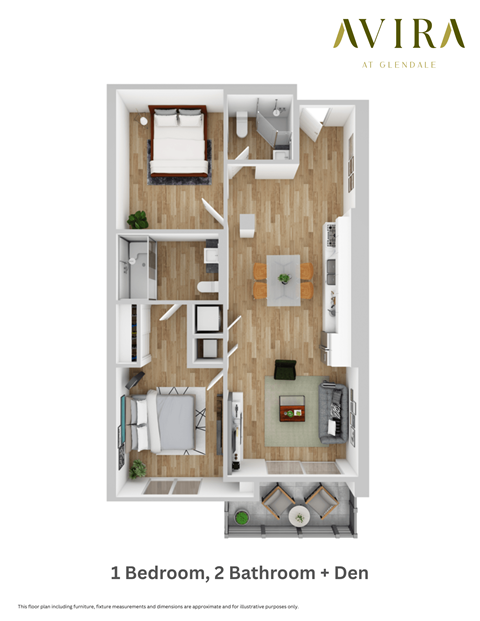Floor plan for 1 bed, 2 baths, 987 sqft